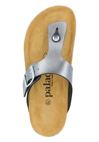 Sølv læderrem sandal med justerbar spænde, polstret fodseng i brunt suede og en holdbar sort ydersål. Letvægtsdesign.