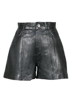 Shorts en cuir noirs taille haute avec fermeture avant par boutons, poches latérales et détails de coutures verticales visibles.