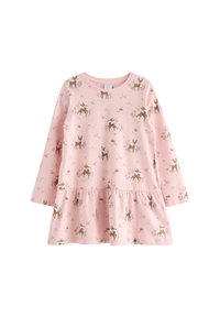 Langærmet pink kjole lavet af bomuld, med en samlet nederdel. Dekoreret med brune hjorte og blomsterdesigns i bløde nuancer.