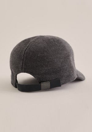 Gray knitted cap featuring a rounded crown, curved brim, and an adjustable black strap at the back with a metal accent.