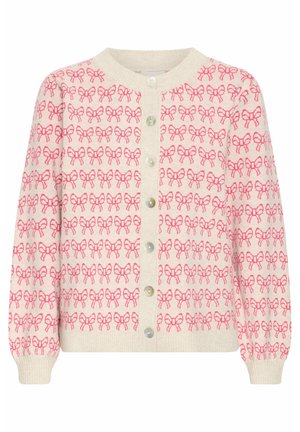 Gilet en tricot avec une base beige clair et des motifs de nœuds roses, col rond, devant à boutons, et poignets et ourlet côtelés.
