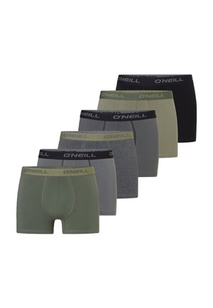 Sechs Paar Herrenboxershorts in Grün-, Schwarz-, Grau- und Olivtönen mit elastischem Bund mit O'Neill-Logo.
