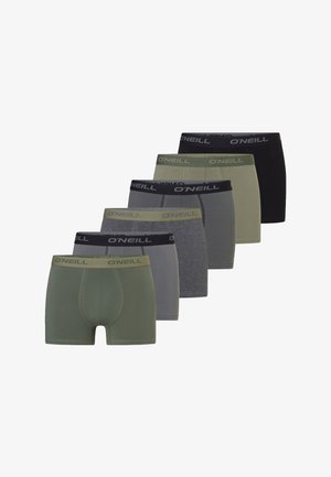 Six paires de boxers pour hommes en tons verts, noirs, gris et olive avec des ceintures élastiques siglées O'Neill.