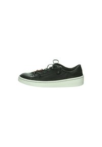 Schwarzer Ledersneaker mit niedrigem Profil, runder Zehenpartie, weißer Gummisohle und Schnürdesign, das seitlich einen Reißverschluss für ein bequemes Anziehen aufweist.