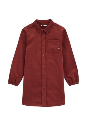 Rdeča kordurojeva srajčna obleka z gumbom spredaj, dolgimi napihnjenimi rokavi, ovratnikom in žepom na prsih, ki vsebuje majhen logotip.