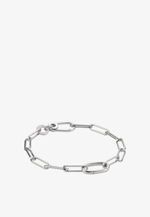Silbernes Gliederarmband mit länglichen ovalen und rechteckigen Gliedern, versehen mit einem runden Verschluss, der mit Markeninschrift graviert ist.
