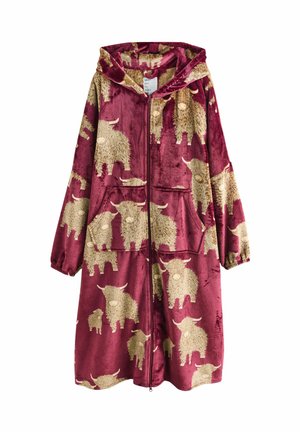 Maroon hooded zip-up robe made of soft plush fabric, featuring cream-colored Highland cattle patterns and two front pockets.
