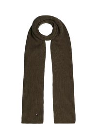 Écharpe en tricot côtelé vert olive, longue et large, avec une petite étiquette de logo aux couleurs rouge, blanc et bleu cousue à une extrémité.