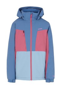 Bunte Outdoor-Jacke mit einem Mix aus blauen und rosafarbenen Paneelen, einem Reißverschluss vorne, verstellbarem Kapuzen und Fronttaschen zur Aufbewahrung.
