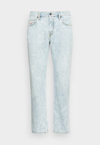 Light blue denim jeans with a straight leg design, featuring a button-up closure, front pockets, and minimal fading texture.