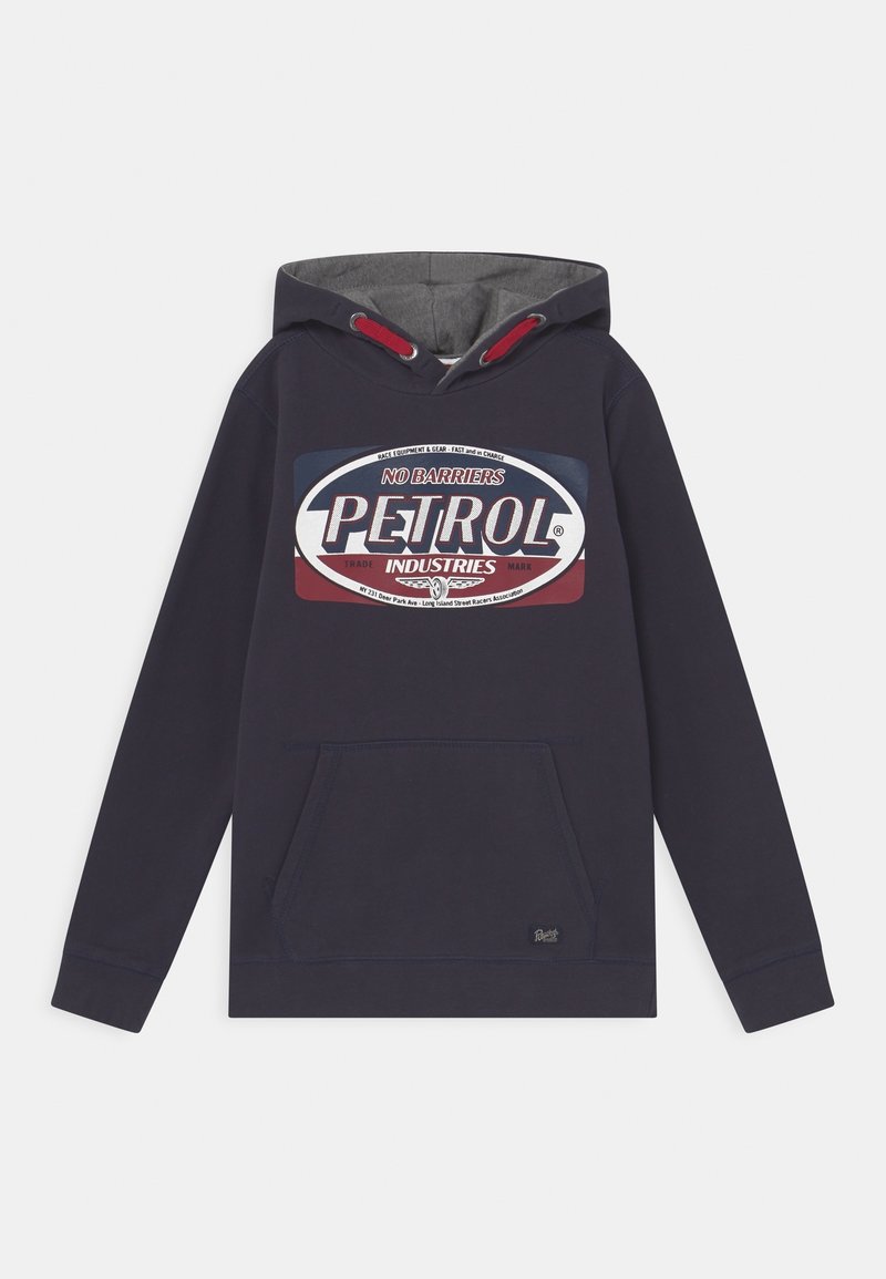 Navy hoodie made of soft fabric, featuring a kangaroo pocket, gray interior, and front graphic print with "PETROL INDUSTRIES" text.