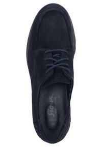 Navy blue suede shoe with a rounded toe, lace-up closure, and a textured insole. Features subtle stitching and a flexible rubber sole.