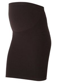 Jupe de soutien de maternité noire avec un design côtelé, une taille élastique et une coupe mi-longue, fabriquée à partir d'un matériau extensible et doux.