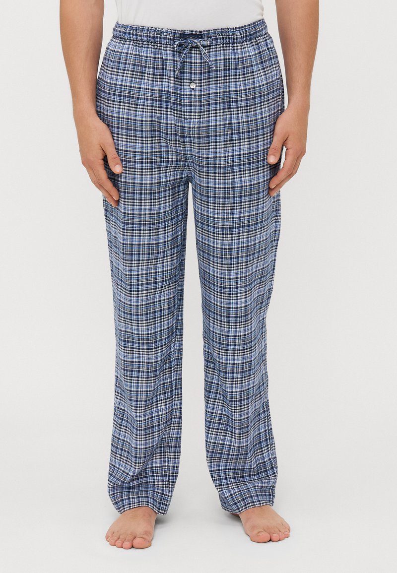 Pajamas hlače s kariranim vzorcem v modri, beli in črni barvi, z vrvico za prilagajanje pasu in z gumbom, narejene iz mehke, lahke tkanine.