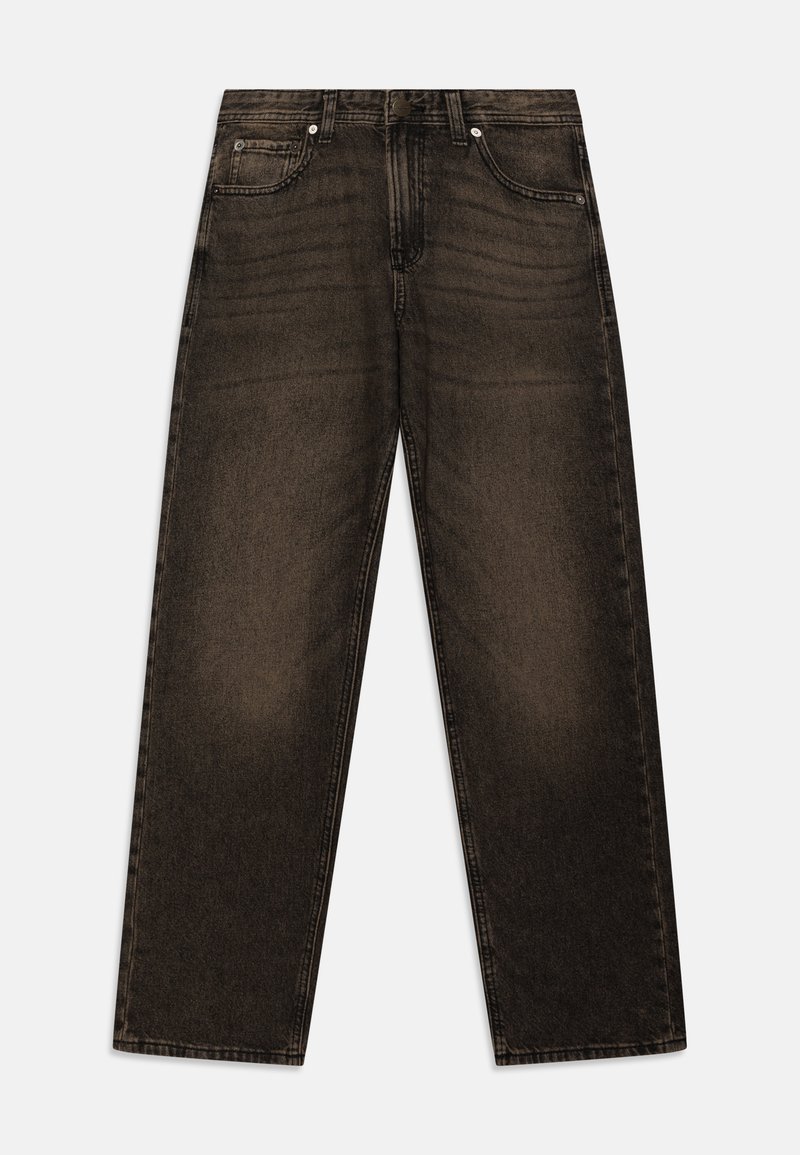 Black denim jeans with a relaxed fit, featuring a mid-rise waist, five pockets, and subtle fading across the fabric.