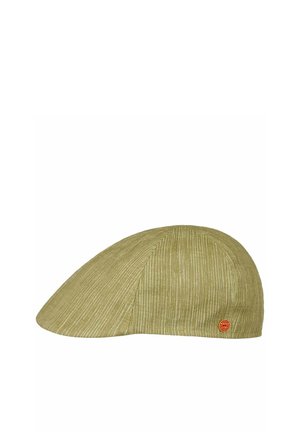 Light olive green flat cap with subtle vertical stripe texture and a small round red logo on the side.