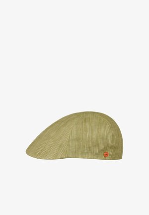 Light olive green flat cap with subtle vertical stripe texture and a small round red logo on the side.