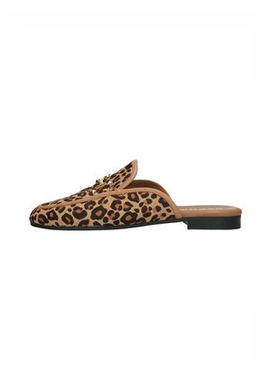 Leopard print slip-on mule with a low black heel and gold chain detail on the upper.