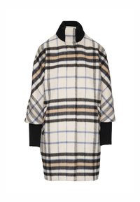 Karierter Mantel mit hohem schwarzen Rippkragen, der beige, schwarze und blaue Töne in einem weichen Stoff aufweist; lockere Passform mit übergroßen Ärmeln.