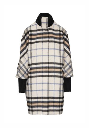 Karierter Mantel mit hohem schwarzen Rippkragen, der beige, schwarze und blaue Töne in einem weichen Stoff aufweist; lockere Passform mit übergroßen Ärmeln.