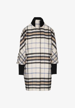 Plaid coat with a high black ribbed collar, featuring beige, black, and blue tones in a soft fabric; loose fit with oversized sleeves.