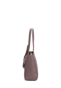 Borsa a tracolla in pelle viola con doppio manico, forma leggermente arrotondata e dettaglio a nodo sul lato. Caratterizzata da una chiusura con zip.