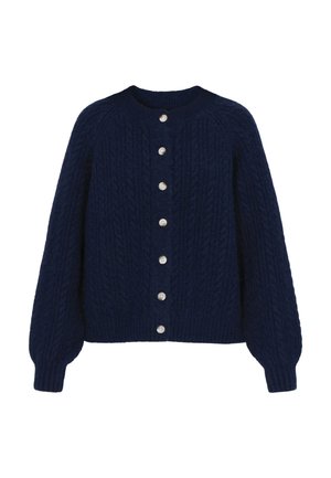 Marineblauwe gebreide cardigan met een kabelstructuur, ronde halslijn en zes zilveren knopen aan de voorkant. Heeft pofmouwen en een cropped pasvorm.