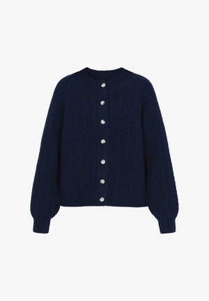 Cardigan tricotat bleu marin cu textură în sârmă, guler rotund și șase butoane argintii pe față. Dispune de mâneci puff și o croială scurtă.