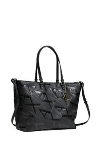 Bolso tote negro hecho de material sintético texturizado, con patrones geométricos, asas dobles y una correa para el hombro desmontable con un charm de logo.