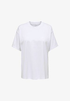 Biały bawełniany t-shirt o luźnym kroju, z krótkimi rękawami i okrągłym dekoltem. Materiał wydaje się gładki, bez widocznych wzorów.