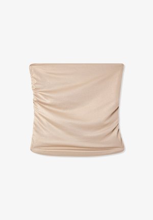 Tubolare in tessuto beige elasticizzato, design leggermente arricciato, texture liscia con una leggera lucentezza. Adatto per diverse opzioni di stile.