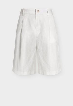 Pantaloncini bianchi a vita alta, sartoriali, con passanti per cintura, chiusura con bottone e gamba leggermente svasata.