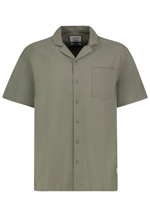 Short-sleeve olive green textured button-up shirt with notched collar and chest pocket, labeled "Sublevel" inside collar.