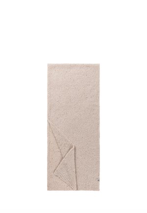 Beige knitted scarf with a small folded corner and a subtle speckled pattern, displayed on a white background.