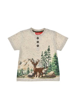 Light grey speckled toddler shirt with button placket featuring a forest scene with pine trees, rocks, mountains, and a standing deer.