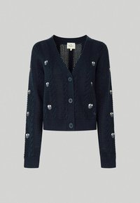 Navy blue knitted cardigan with a deep V-neck, textured cable design, button front closure, and decorative bead accents on sleeves.