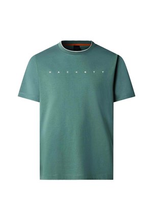 Camiseta de algodón verde con mangas cortas, cuello redondo y texto blanco "HACKETT" en el frente. Textura suave, diseño casual.