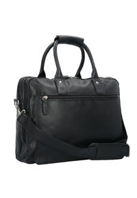 Black leather briefcase with dual handles and a detachable shoulder strap; features front zipper pocket and smooth texture.