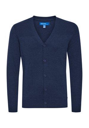 Marineblå cardigan lavet af strikket stof med V-hals, ribbet skulderdesign, frontlukning med knapper og tætsiddende ribbede manschetter og kant.