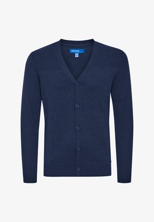 Cardigan blu navy in tessuto a maglia con scollatura a V, design con spalle a coste, chiusura frontale con bottoni e polsini e orlo a coste aderenti.