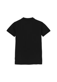 Polo noir à manches courtes avec un col classique et un ourlet droit. Fabriqué en tissu doux, sans logos ni motifs visibles.