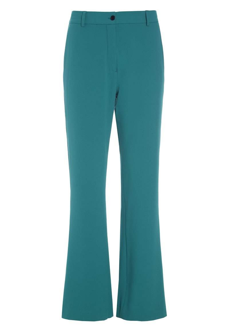 Pantalon bleu sarcelle ajusté avec une légère ouverture, bouton devant, passants pour ceinture et fermeture éclair cachée.
