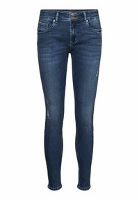 Jeans ajustados de denim azul oscuro con una textura suave, que presentan una cintura alta, detalles desgastados y dos bolsillos frontales.