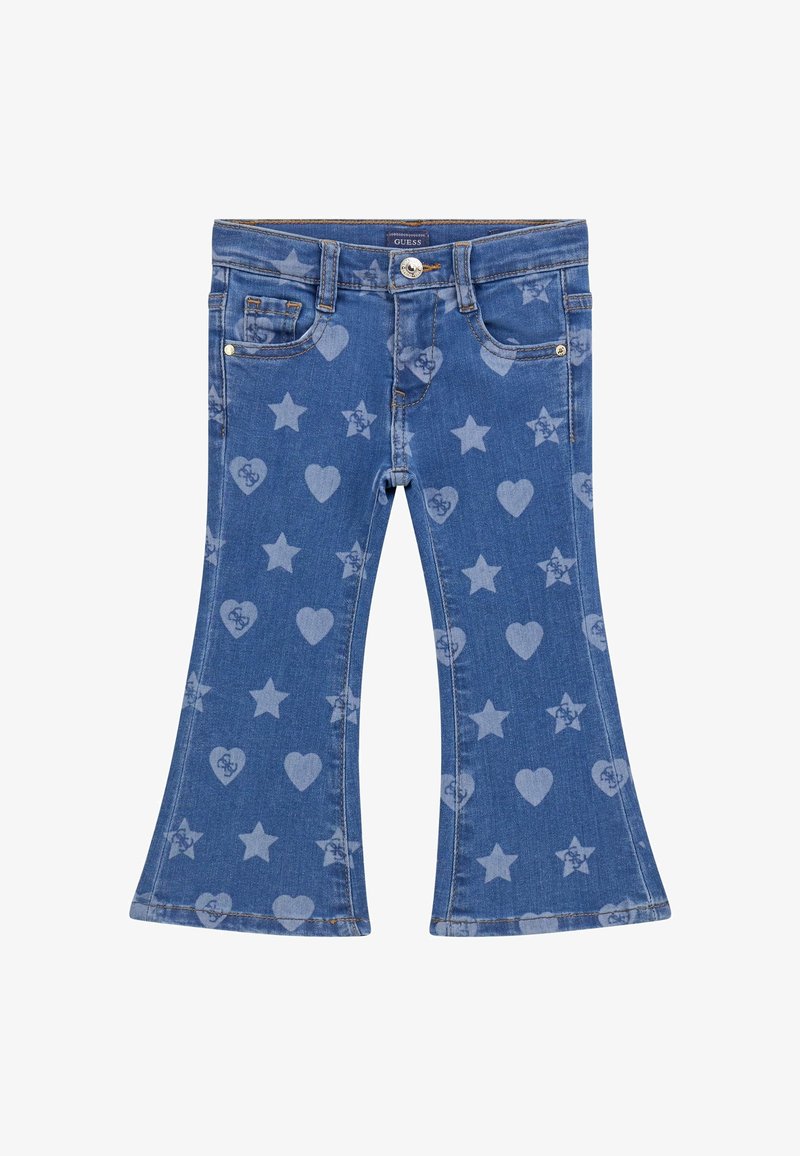Jeans évasés bleus pour enfants avec motifs d'étoiles et de cœurs, poches avant et fermeture par bouton à la taille.