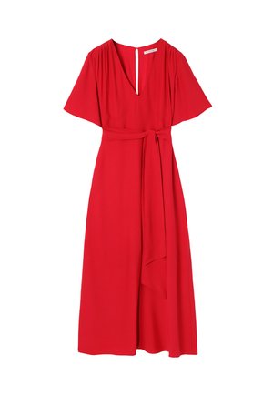 Abito rosso realizzato in tessuto leggero, con maniche a sbuffo corte, scollatura a V, cintura in vita e gonna fluida fino al ginocchio.