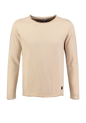 Beige Langarmshirt aus weichem Stoff. Mit rundem Ausschnitt, geradem Schnitt und einem kleinen schwarzen Etikett am unteren Rand.
