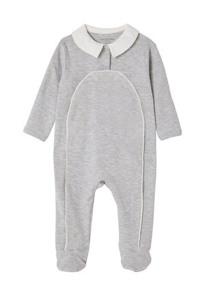 Grauer langärmeliger Baby-Strampler mit weißem Kragen und Fußteil, mit einem hellgrauen Fleck auf der Vorderseite und verdeckten Druckknöpfen.