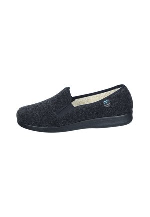 Dunkelgrauer Filzslipper mit einer schwarzen Gummisohle, ausgestattet mit elastischen Seitenpaneelen und einem weichen beigen Futter. Enthält ein kleines Logodesign.