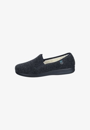 Dunkelgrauer Filzslipper mit einer schwarzen Gummisohle, ausgestattet mit elastischen Seitenpaneelen und einem weichen beigen Futter. Enthält ein kleines Logodesign.