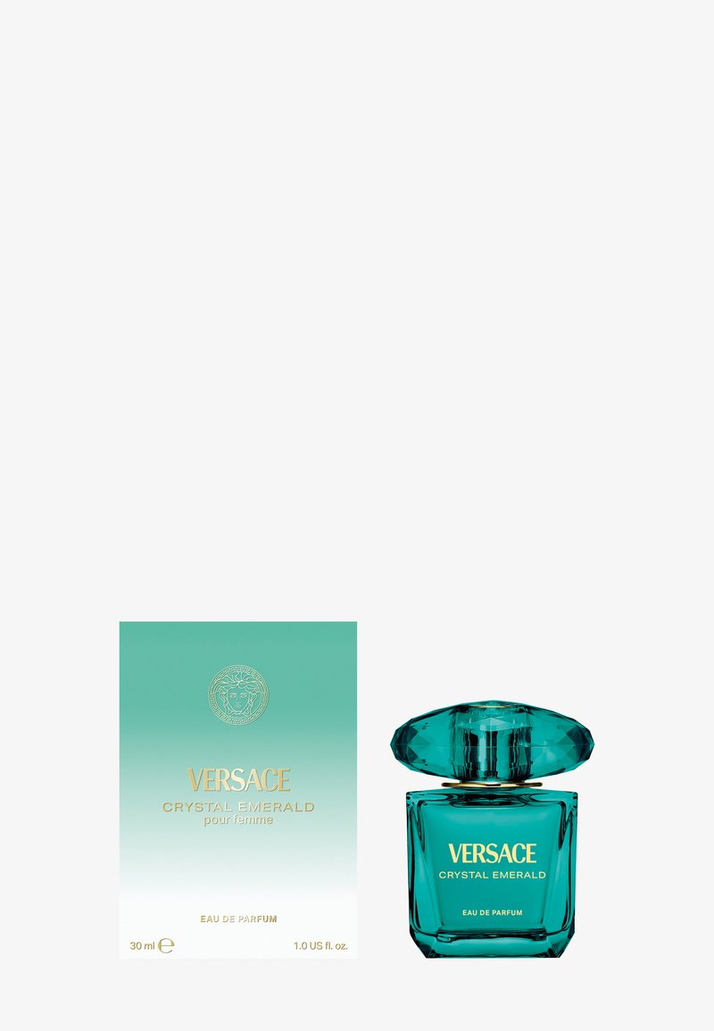 Versace Crystal Emerald parfum, 30 ml, heeft een teal glazen fles met een gefacetteerde dop, vergezeld van een doos in een verloop van teal en goud.
